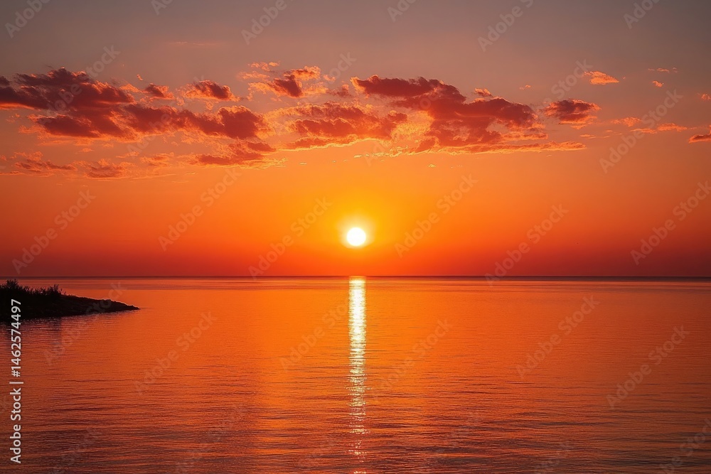 Fototapeta premium Dramatic Red Orange Sky With Sun at Sunset Reflecting Over the Calm Sea and Clouds