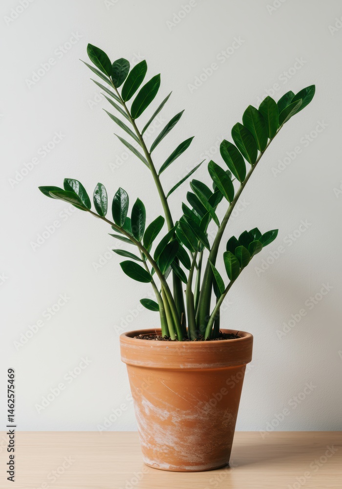 Fototapeta premium a lush ZZ Plant (Zamioculcas zamiifolia) with its glossy, dark green leaves. for plant care guides for beginners, modern interior visuals, office plant providers, sustainable decor articles
