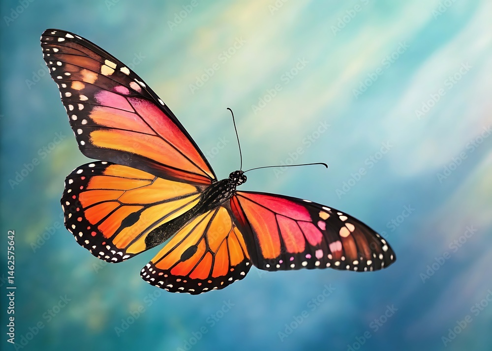 Obraz premium A colorful monarch butterfly with open wings against a soft dreamy blue and white background art