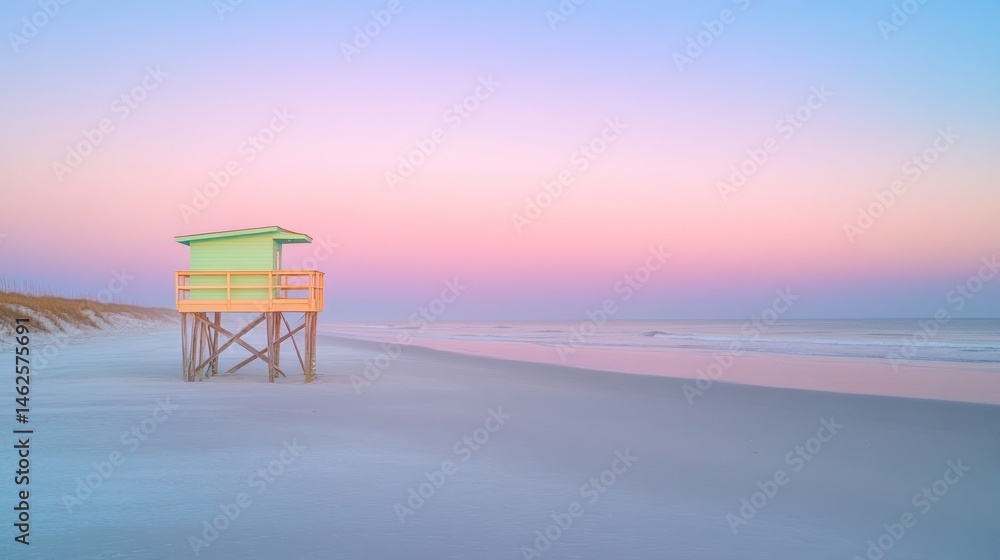 Serene beach sunset with lifeguard stand Serene beach sunset with lifeguard stand