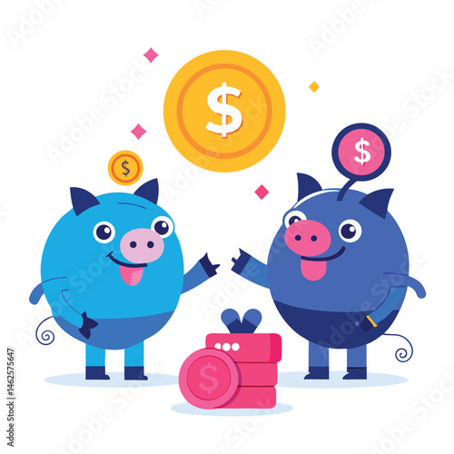 Three depictions of a piggy bank receiving a dollar coin white background.