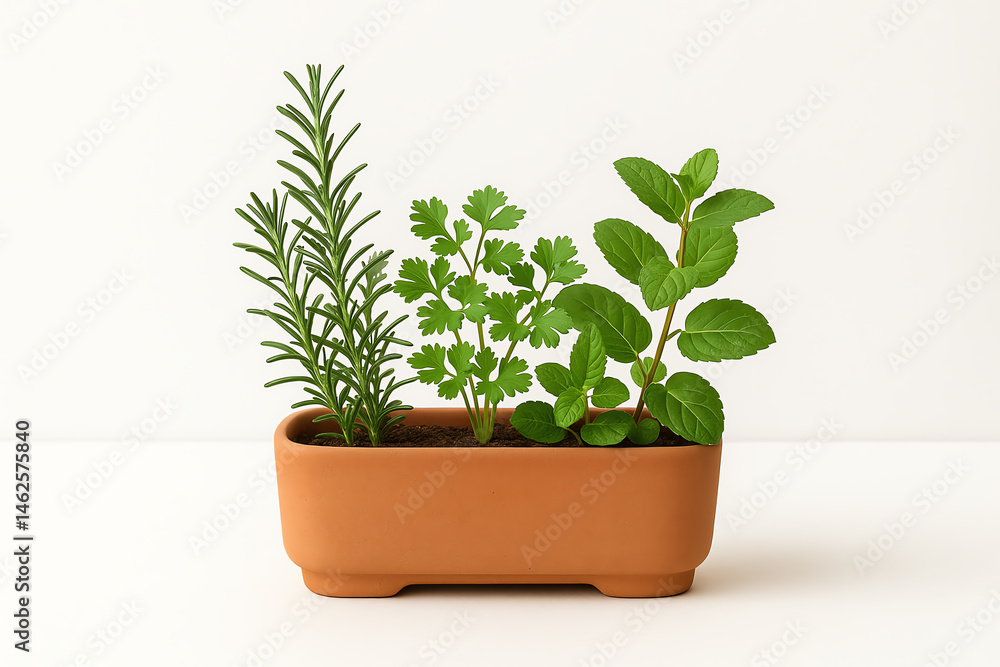 Obraz premium A charming arrangement of fresh herbs in a terracotta pot, featuring rosemary, cilantro, and mint. Perfect for culinary applications and home gardening inspiration.