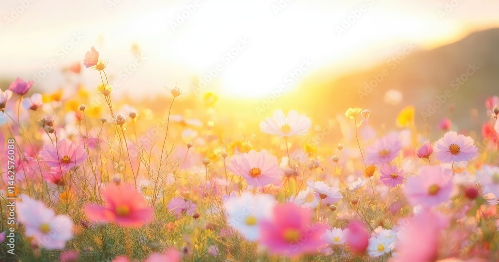 Dreamy Floral Field Soft Focus Cosmos Flowers, Delicate Pink and White Petals, Sunset Glow Dreamy Floral Field Soft Focus Cosmos Flowers, Delicate Pink and White Petals, Sunset Glow