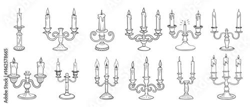 Collection of hand drawn vintage candelabra with lit candles. Sketch illustration.