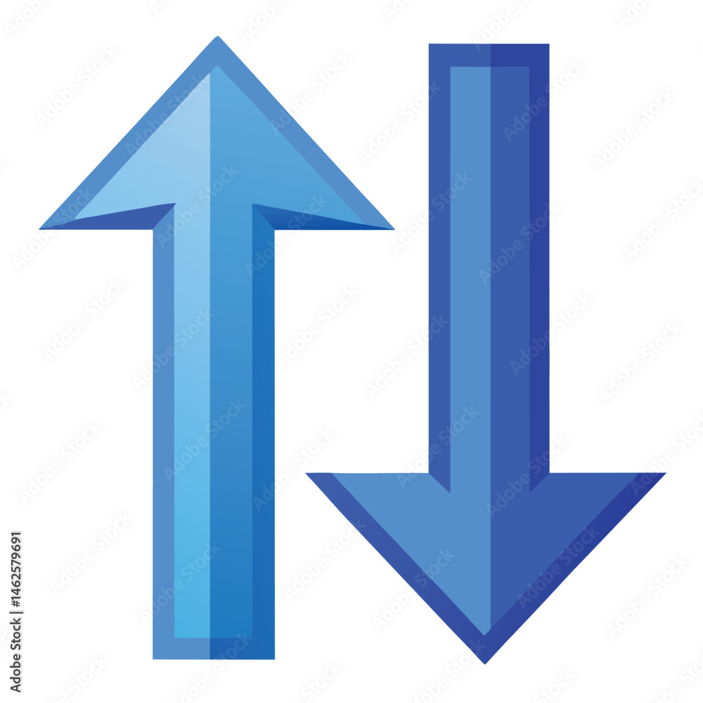 Two blue arrows, one pointing up and the other pointing down on white background Two blue arrows, one pointing up and the other pointing down on white background