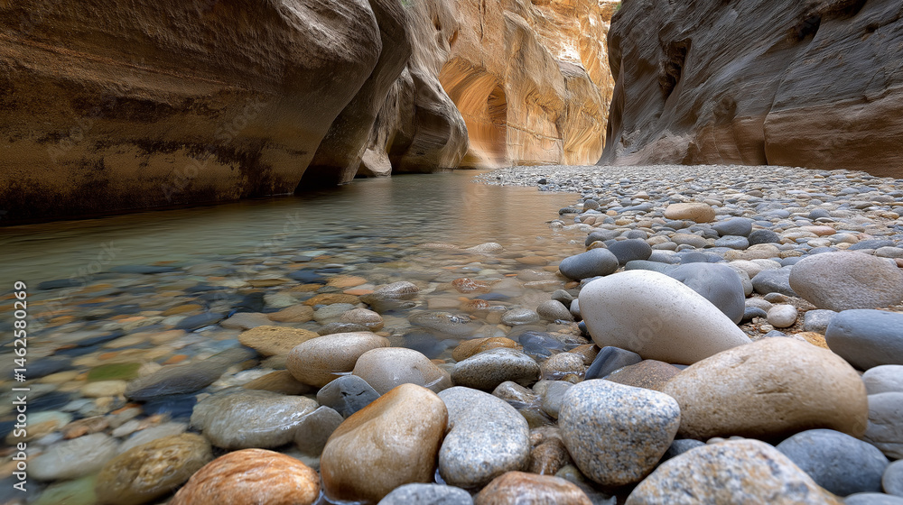Fototapeta premium Narrow canyon riverbed with smooth stones and sandstone walls