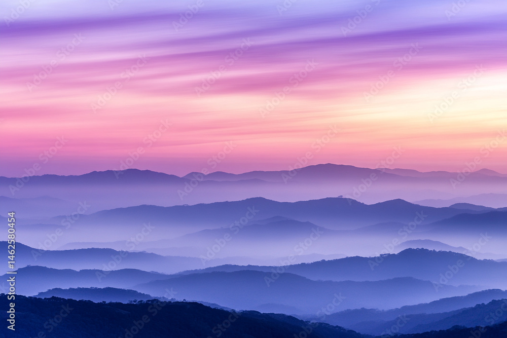 Fototapeta premium Majestic mountain range bathed in soft sunrise light showcasing vibrant hues of purple and pink sky above layered hills