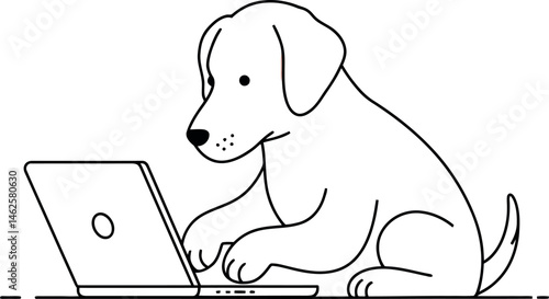 Dog using laptop line art vector illustration in simple style 