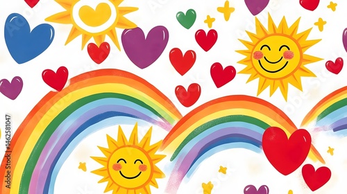 Colorful, cheerful pattern of hearts, suns, and rainbows.