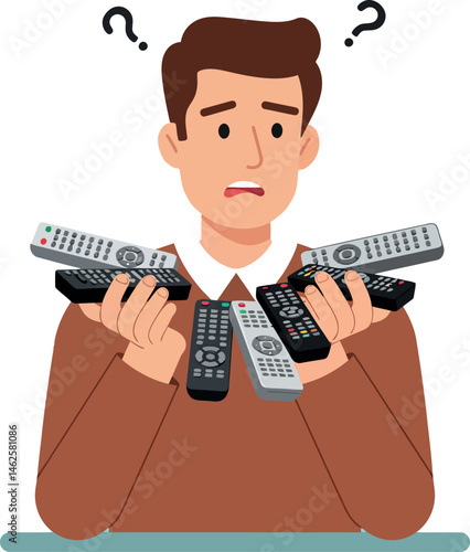 Confused man holding multiple remote controls struggling to choose device vector illustration 