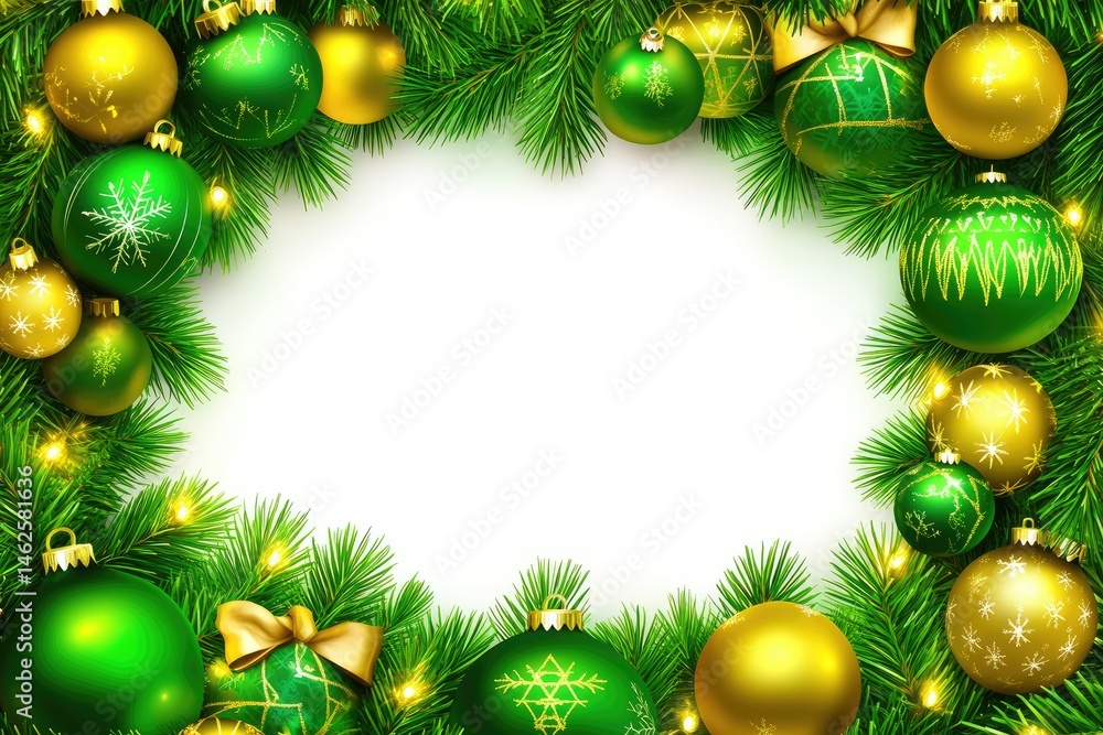 Christmas frame with green and gold ornaments, pine branches, and fairy lights. Decorative border on a white background Christmas frame with green and gold ornaments, pine branches, and fairy lights. Decorative border on a white background