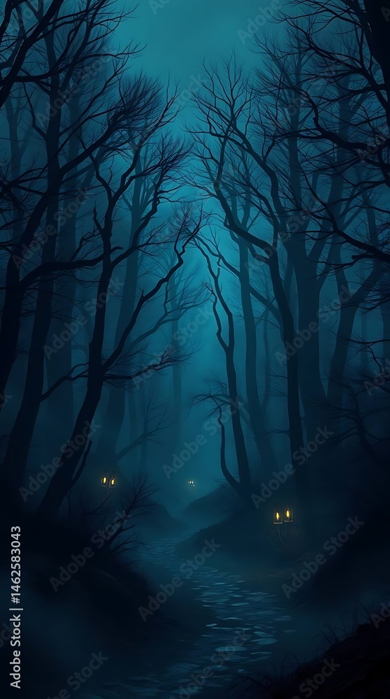 Obraz premium Dark Forest Path with Night Mystery.