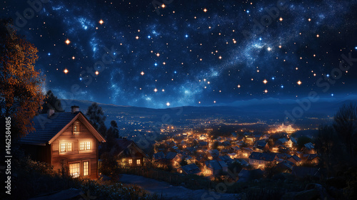 Wallpaper Mural Cityscape beneath a starry night sky, with a glowing house and stars sparkling in the sky Torontodigital.ca