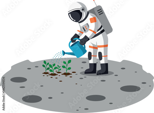 Astronaut watering plants on moon surface with watering can in space vector illustration 