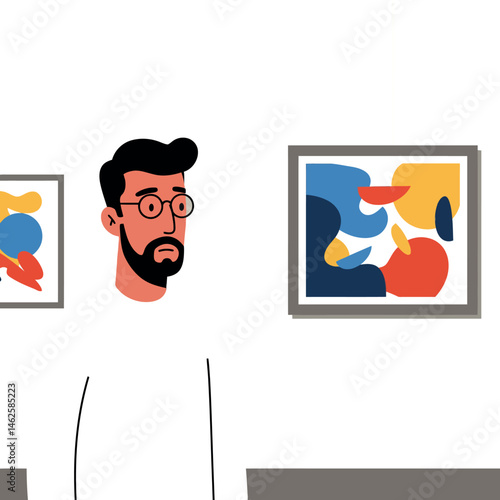 Man with glasses viewing colorful abstract art paintings in gallery vector illustration 