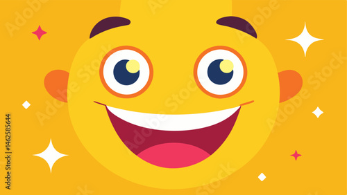 Joyful Surprise A face with large open eyes and raised eyebrows mouth wide open in a big smile showing teeth. The are puffed up and there are sparkles around the head to emphasize