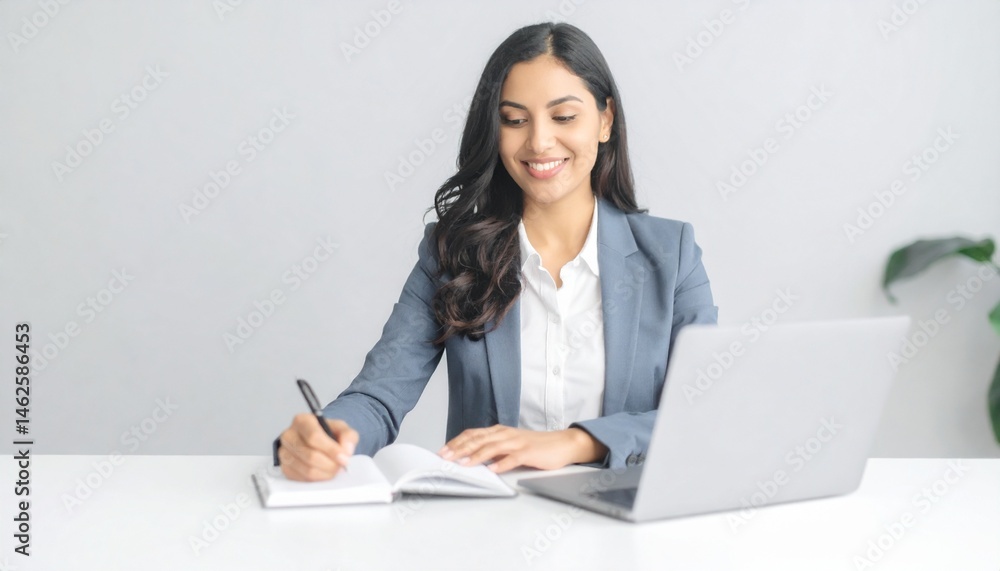 A scene where a woman is writing something in a notebook next to her laptop
A scene where a woman is writing something in a notebook next to her laptop