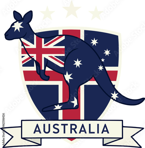 Kangaroo silhouette with Australian flag shield and banner emblem design vector 