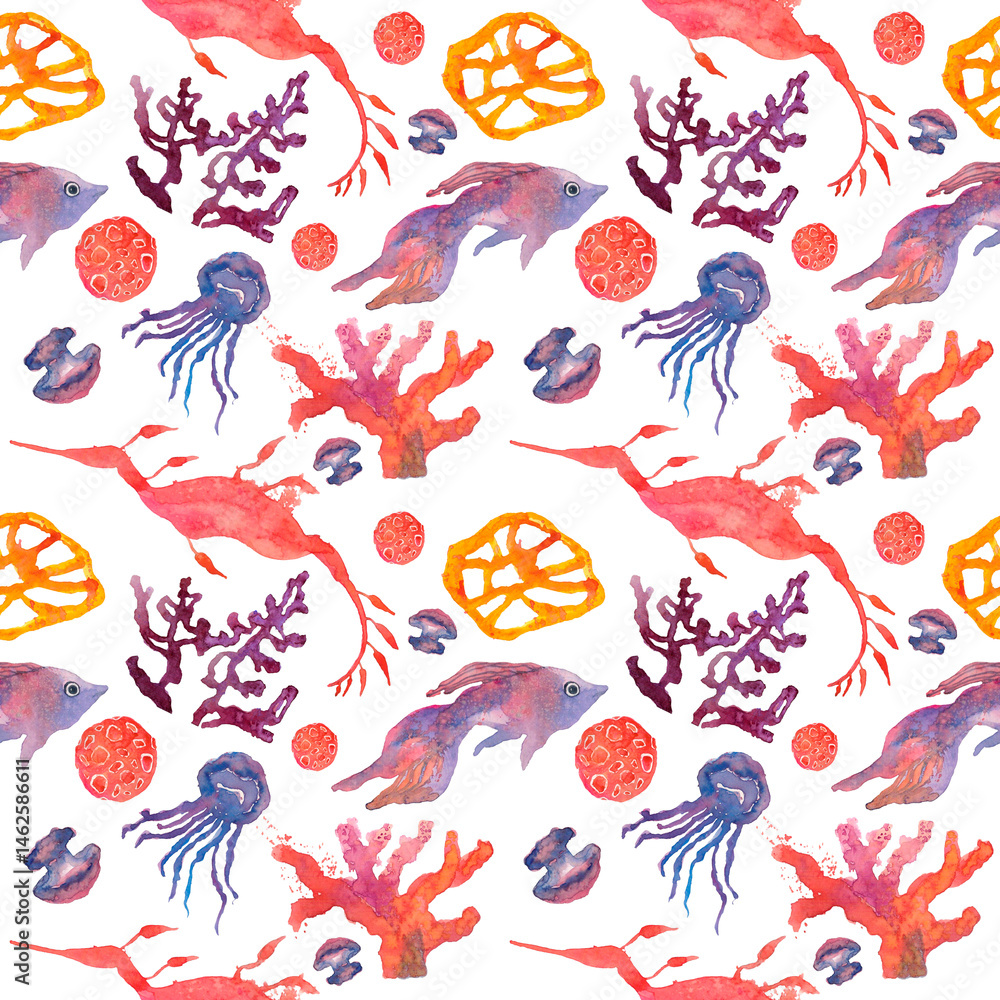 Obraz premium Marine seamless watercolor pattern . Fish, jellyfish, algae, seahorse. Blank for fabric , wrapping paper.