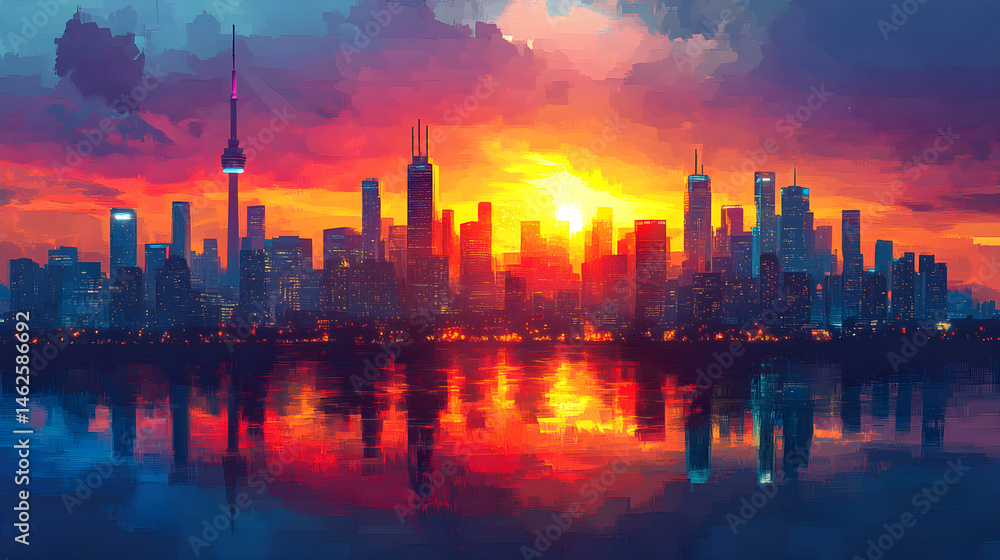 Imaginative geometric skyline illustration with vivid colors Imaginative geometric skyline illustration with vivid colors
