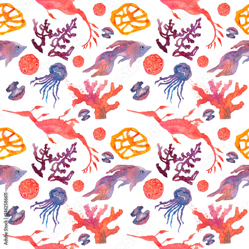 Marine seamless watercolor pattern . Fish, jellyfish, algae, seahorse. Blank for fabric , wrapping paper.