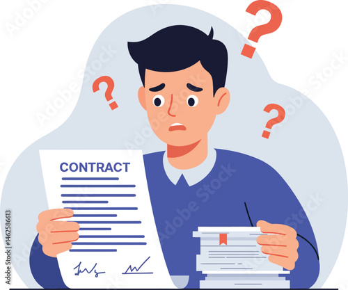 Confused man reading contract with question marks and documents vector illustration 