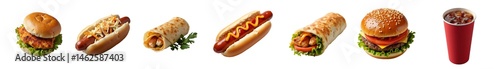 Set of appetizing fast food items featuring a variety of burgers, hot dogs, and soft drinks on pristine white background