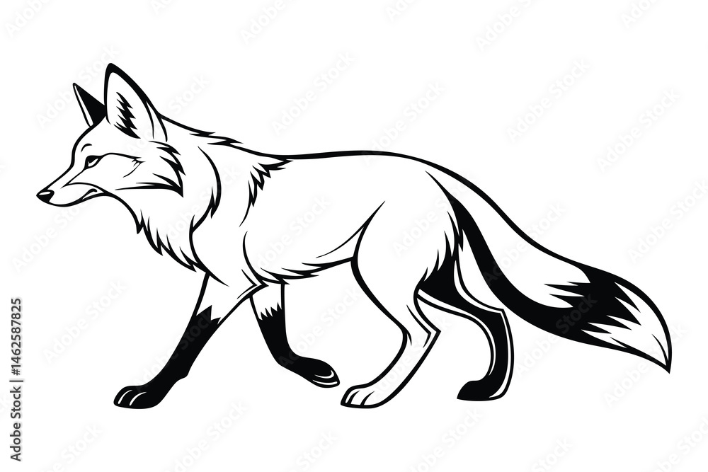 Fototapeta premium Wild Fox Walking Line Art vector, Outline fox sketch in Forest Animal Vector, fox Hand-Drawn Outline Illustration.