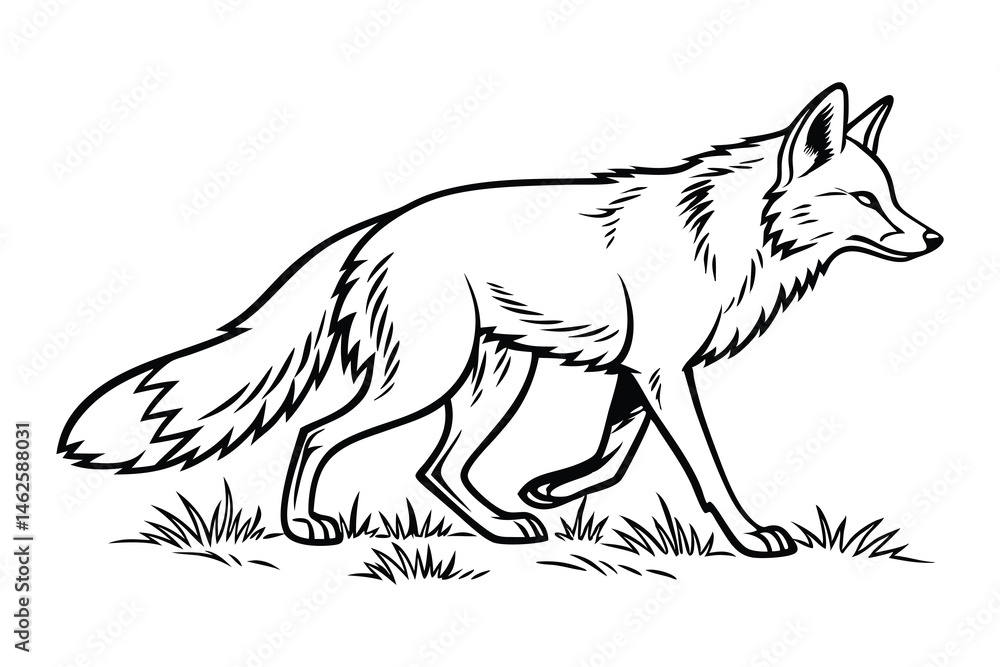 Obraz premium Wild Fox Walking Line Art vector, Outline fox sketch in Forest Animal Vector, fox Hand-Drawn Outline Illustration.