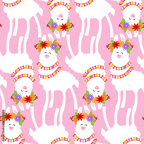 Seamless pattern of cute white llamas with flower crowns and tresses on pink background