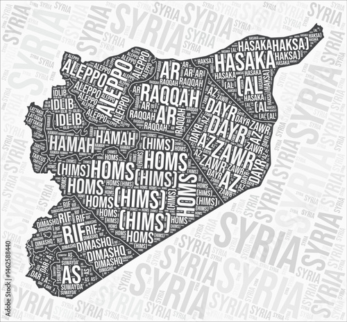 Syria regions map word cloud. Syria region names. Black and white map design. Vibrant vector illustration.