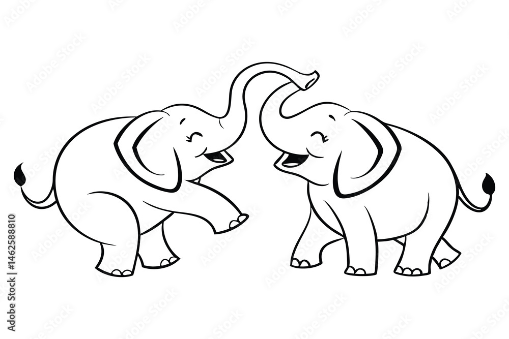 Fototapeta premium Playful Baby Elephants Vector Outline, Cute baby Elephants Line Art Animal Drawing, Funny Happy Cartoon Elephants Interacting for coloring page.