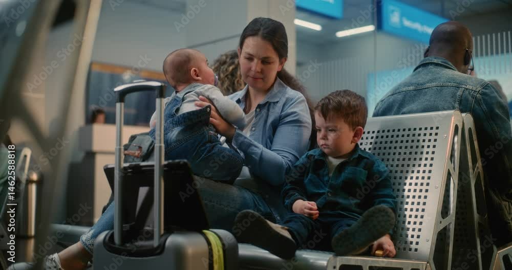 Crowded International Airport Terminal: Mother with Two Little Kids Waiting for Airplane Flight, Boy Toddler Watching Cartoons on Digital Tablet. Diverse Passengers in Departure Lounge of Airline Hub.