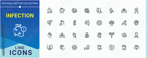 Infection line icon set. Contains such symbols as flu, sick, pain, illness, health care and more. Disease icon set. Minimalist icons set. Editable stroke. Vector collection.