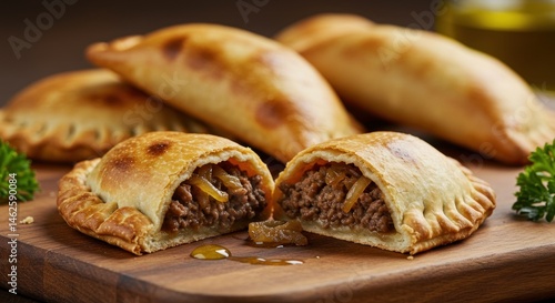 Freshly baked empanadas on wooden board