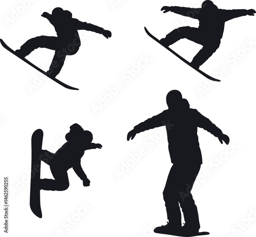 Snowboarder Silhouettes Performing Tricks in Black Vector Illustration Set 