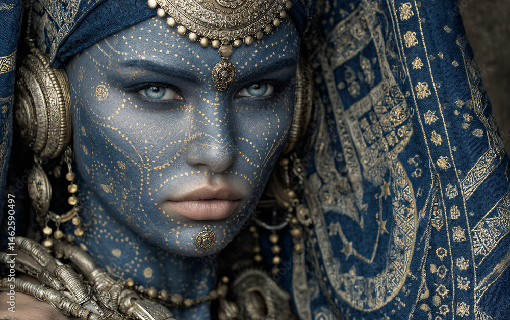 Fototapeta premium ornate female portrait in blue ceremonial attire with detailed patterns and metallic jewelry, fantasy cultural costume with face decorations and symmetrical makeup, mystical goddess aesthetic 