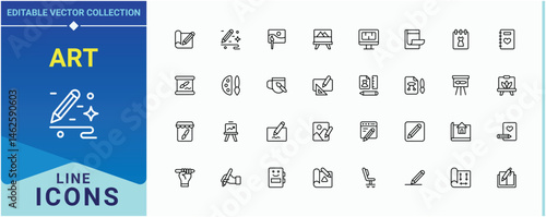 Art related icon set. Containing graphic, sketch, draw, creative, paintbrush and more. Drawing related icon set. Outline symbol collection. Editable vector.
