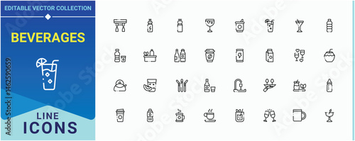 Beverages icon set. Contain linear symbols alcohol, soft drink, wine, drink, beer and more. Drink And Juice icon. Modern vector illustration. Editable vector art.