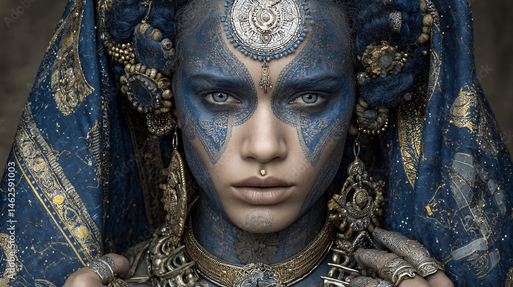 Fototapeta premium ornate female portrait in blue ceremonial attire with detailed patterns and metallic jewelry, fantasy cultural costume with face decorations and symmetrical makeup, mystical goddess aesthetic 
