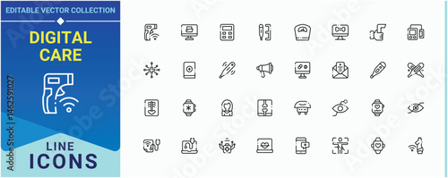 Digital Care icon set. Contains such symbols as health, consultation, virtual healthcare, healthcare and more. Digital Healthcare icon set. Perfect for logos and infographic. Editable vector.