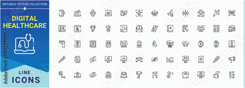 Digital Healthcare icon set. Featuring telemedicine, patient, health, care and more. Diagnosis icon set. Minimal icons set. Editable stroke collections.