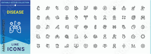 Disease related icon set. It contains symbols to infection, sick, treatment, allergy, flu and more. Sick icon. Perfect for logos and infographic. Editable stroke. Pixel Perfect.
