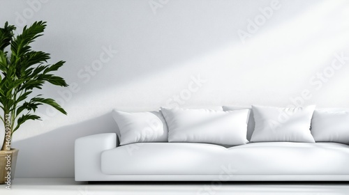 Modern minimalist living room interior design.  A bright, clean space featuring a white sofa and a potted plant.  Soft, natural light streams into the room, creating a serene atmosphere