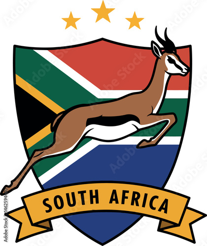 South Africa emblem with springbok antelope and national flag shield design vector 
