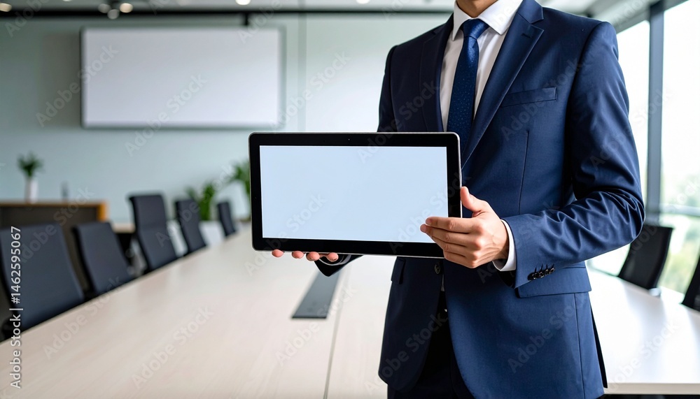 A scene of a man in a suit resting his arms on a conference table and touching a tablet
A scene of a man in a suit resting his arms on a conference table and touching a tablet