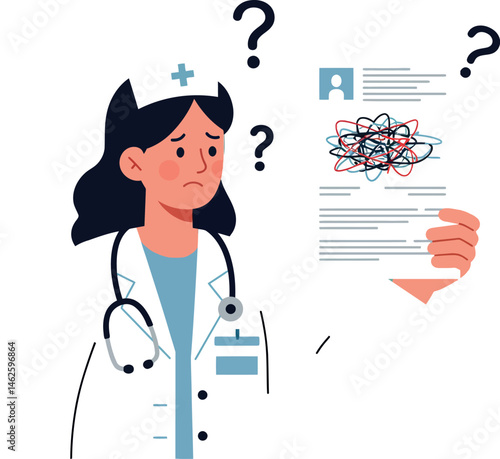Female doctor confused about medical report with question marks around vector illustration 