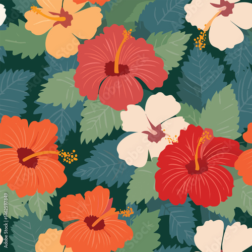 seamless solid hibiscus blooming flowers motif arrangement with medium tone, vector design with background digital image for textile printing,ornament, wallpaper, art, 