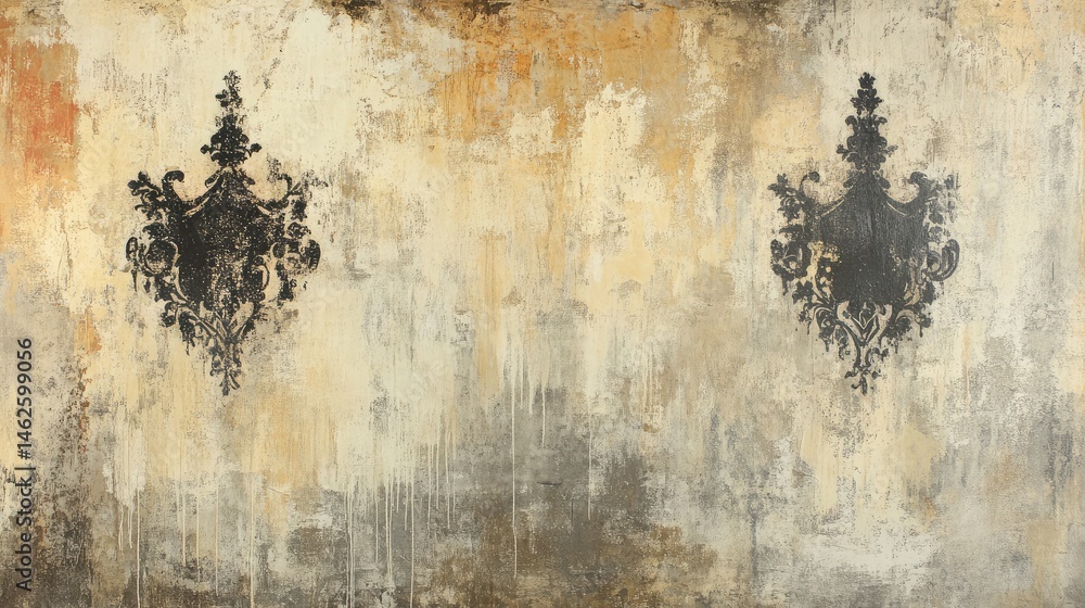 Obraz premium Vintage damask wallpaper in faded cream and brown shades with intricate detailing