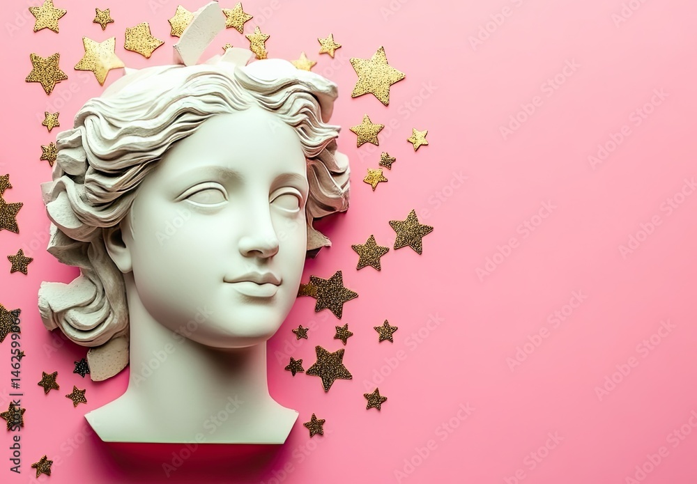Classical bust, adorned with gold stars, on a pink backdrop. Detailed features, elegant pose Classical bust, adorned with gold stars, on a pink backdrop. Detailed features, elegant pose